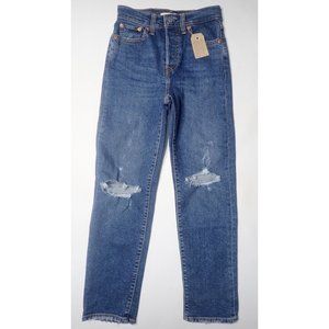 Levis Premium Wedgie Straight Jeans Womens 24x28 Blue Distressed Button Fly NEW‎